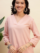 Onion Pink Cotton Flax Fabric Regular Fit V-Neck Co-Ord Set for Women